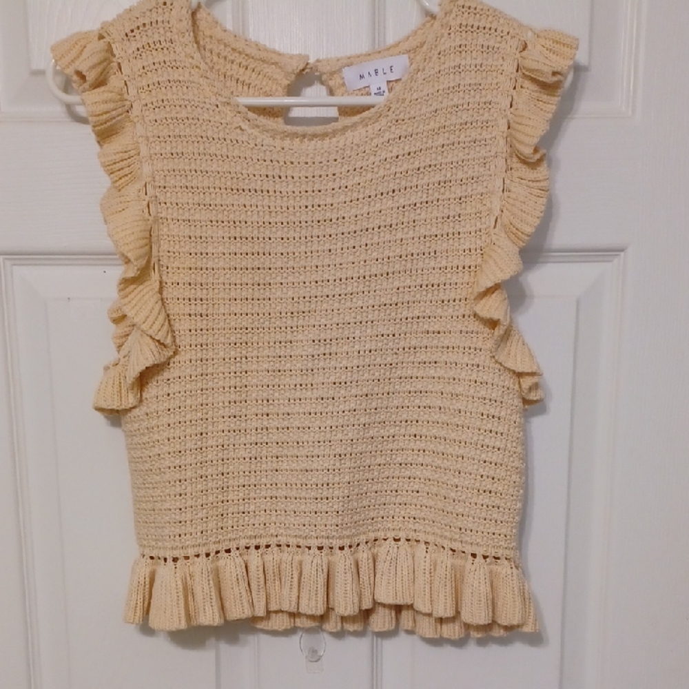 Mable Sz M, Pale Yellow/tan Crocheted, Ruffled, Sleeveless Sweater.